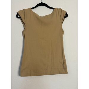 Free People Ribbed Stretch Tank Top Size Large Beige Scoop Back Cap Sleeve